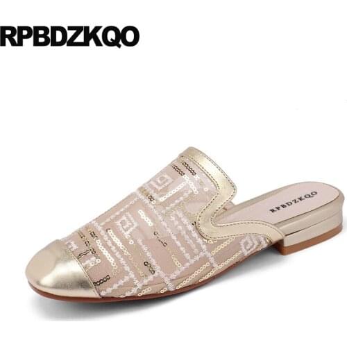 Mules Mesh Women Retro Embroidered Slippers Gold Autumn Spring Bling Sequins Single Shoes 10 11 Square Toe Large Size Wide Fit