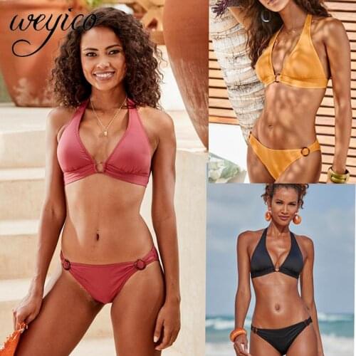 Solid Swimsuit Sexy Bikini Set Women New Bathing Suit Push Up Halter Swimming Suit Ring Beachwear Female 2021 Swimwear Biquini