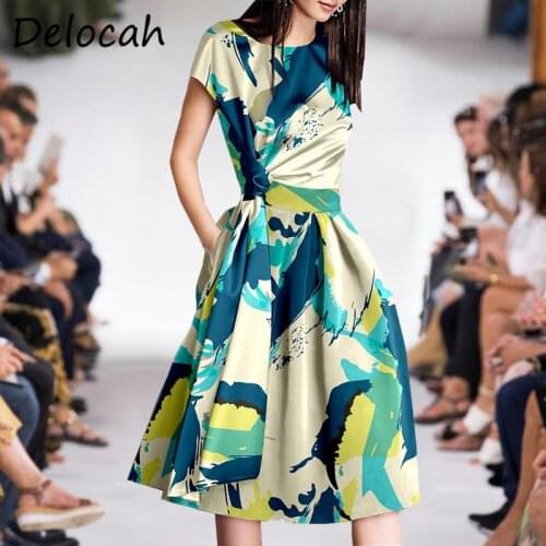 Delocah New 2021 Summer Women Fashion Runway Midi Dress Sleeveless High Waist Geometric Printed Elegant Ladies Dresses Vestidos