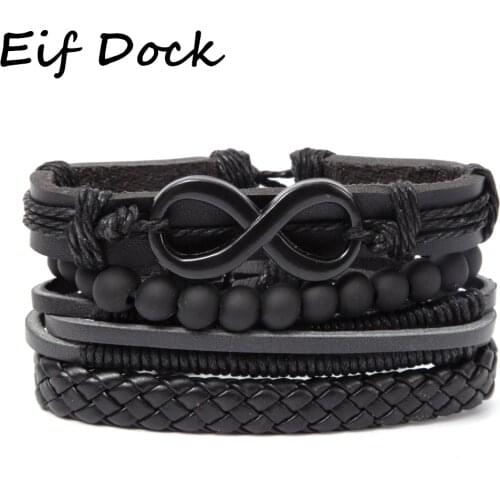 Eif Dock Mix 4Pcs/ Set Braided Wrap Infinity Leather Bracelets for Men Women Vintage Wooden Beads Ethnic Wristbands Bracelet