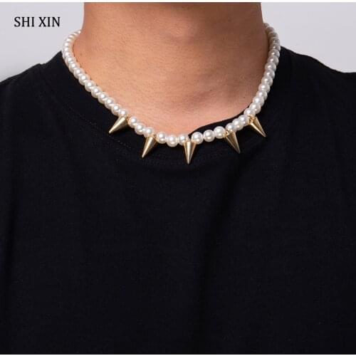 SHIXIN Charms Pearl With Gold/Silver Color Spike Short Choker Necklace Collar for Women/Men Fashion Pearl Necklaces Neck Jewelry