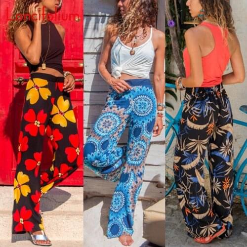 Casual Beach Pants Women Loose Boho Floral Pants Vintage Elastic High Waist Womens Pants Baggy Wide Long Pants Ladies Trousers