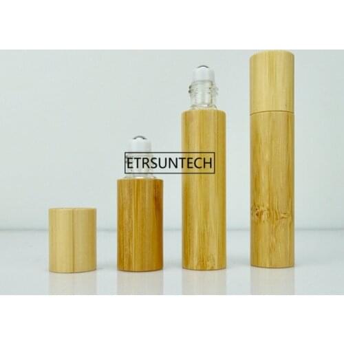 50pcs 5ml 10ml 15ml Empty Bamboo Essential Oil Roll On Bottle Glass Inner Perfume Container with Steel Roller ball F2937