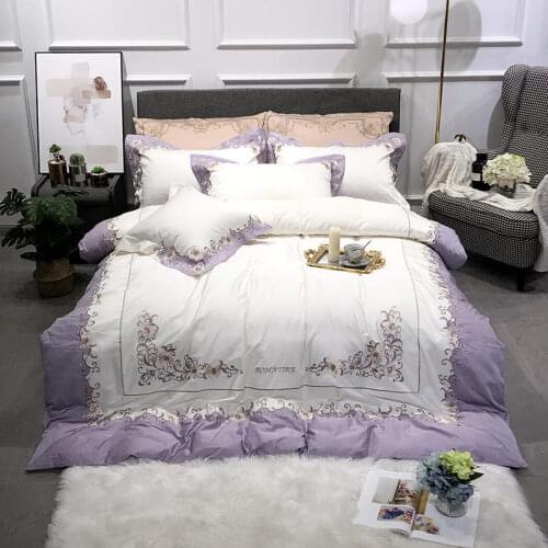 Luxurious Embroidery Egyptian Cotton 4 White Purple Blue Queens Bed Quilt Cover Super Soft Bed Sheet Pillow Cover