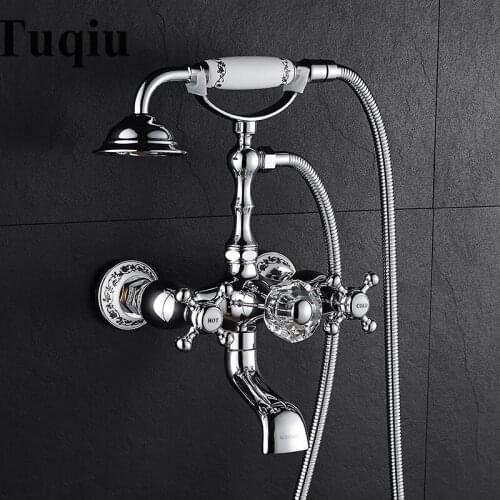 Vidric Silver Bathtub Faucet Brass Chrome Wall Mounted Rain Shower Faucet Hand held 2 Handle Luxury Bathroom Crane Tap Set
