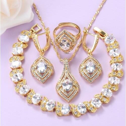 Wedding Accessories White Cubic Zirconia Jewelry Sets For Women Necklace And Earrings Bridal Luxury Gold-Plated Bracelet Set