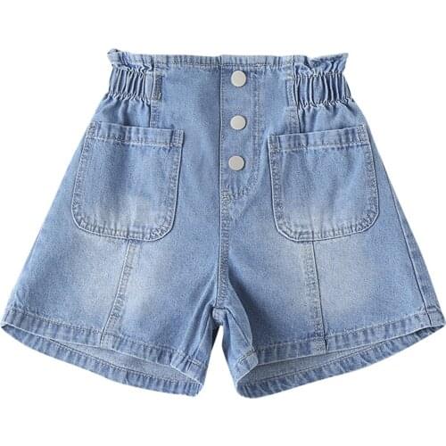 Baby Girl Loose Jeans, Summer Solid Color Button Shorts with Side Pockets (Blue)