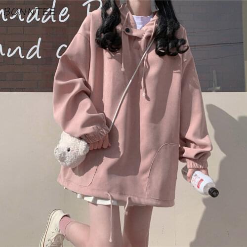 Hoodies Womens Solid Pocket Long Sleeve Simple Thick Pullovers Hooded All-match Students Loose Korean Style Kawaii Trendy Chic