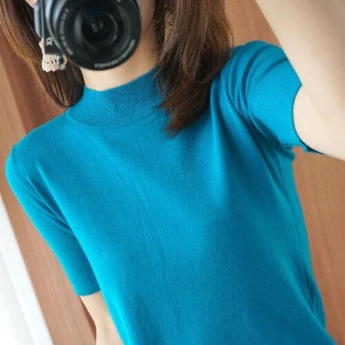 Thin Knitted T Shirt Women Clothes 2021 Summer Woman Short Sleeve Tees Tops Solid Casual T-Shirt Female Tshirt Femme X191