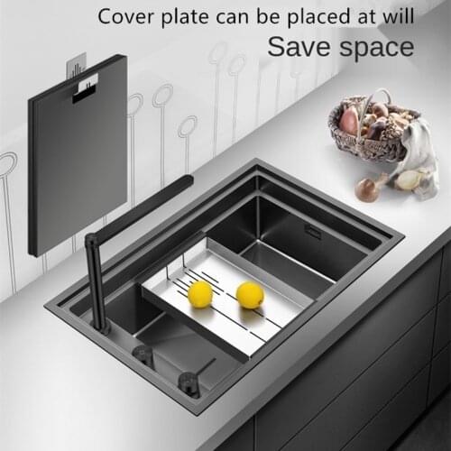 ASRAS 7247NS Thickened Nano-plating Kitchen Sink with Covers 304 Stainless Steel Handmade Hidden Sink with Lifting Faucet