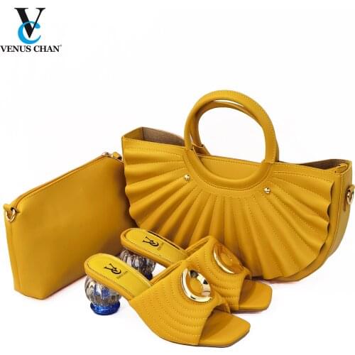 In Yellow Color 2021 Summer Fashion Luxcuy Design Slipper Shoes And Bag Nigerian High Heel Party with style