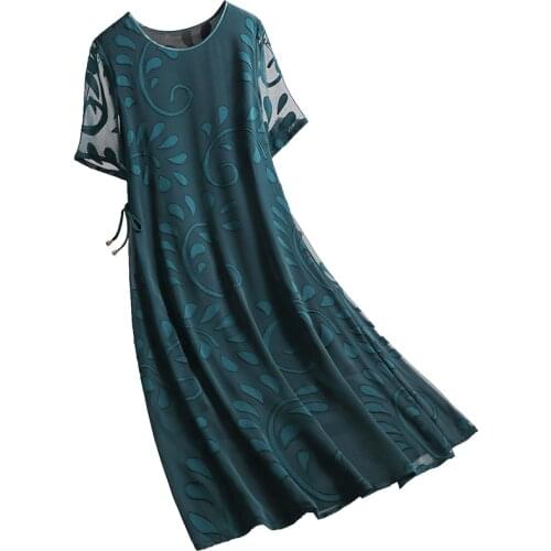 High Quality Silk Woman Dresses 2021 New Fashion Elegant Summer Mulberry Silk Plus Size Female Dress Loose O-Neck Print Dresses