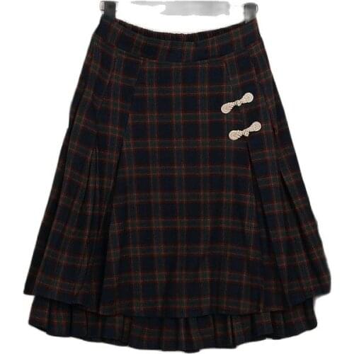 Japanese Mori Girl Vintage Retro Bohemian Plaid Retro Boutique Women Clothing Elastic Embroidery Double Layer Waist Cotton Skirt