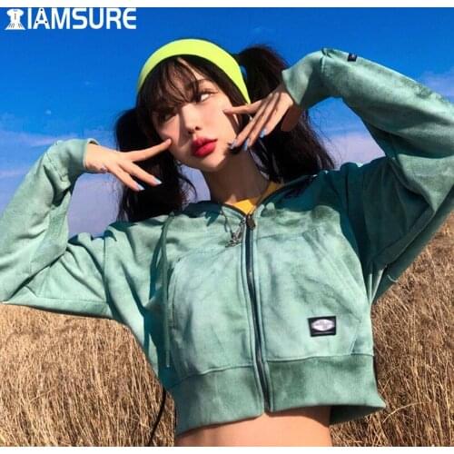 IAMSURE Loose Tie Dye Printed Hoodies Streetwear Casual Long Sleeve Pockets Cropped Coats Women 2021 Autumn Winter Fashion Tops