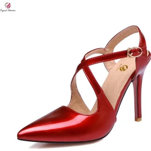 Original Intention Elegant Women Sandals Fashion Pointed Toe Thin Heels Sandals Black Red Nude Pink Shoes Woman Plus Size 4-15