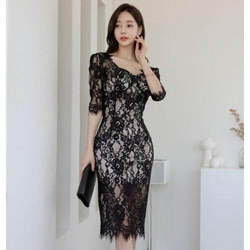 ZAWFL Summer Sexy Lace Pencil Bodycon Dress Women Hollow Out Sheath Dresses OL V-neck Work Elegant Party Vestidos