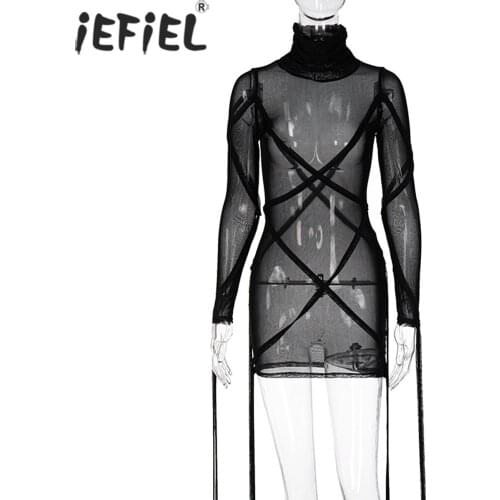Women See-through Mesh High Neck Bodycon Dress Ladies Sexy Sheer Mini Shirt Long Sleeve Exotic Dresses Stage Show Costume