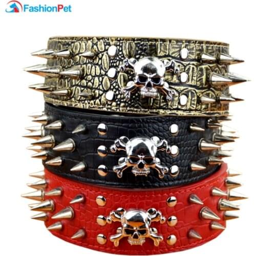 20 Pieces/Lot) New Pet Product Crocodile Leather Spiked Studded Dog Collars With Skull Charm For Medium Large Dogs
