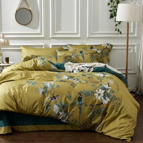 Printed Birds Branch printed Bedding Set Premium Egyptian cotton Silky Soft Duvet Cover King Queen Size Luxury Bedding Set 4Pcs