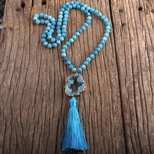 RH Fashion Bohemian Jewelry Accessory Blue Stones Knotted Druzy Stone Links Tassel Necklaces Boho Lariat Necklace