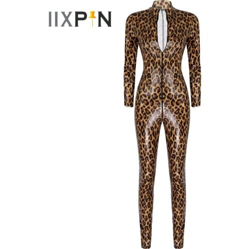 Womens Hot Leopard Print Bodysuit Patent Leather Rave Bar Catsuit Clubwear Stand Collar Zipper Leotard Slim Fit Fashion Jumpsuit
