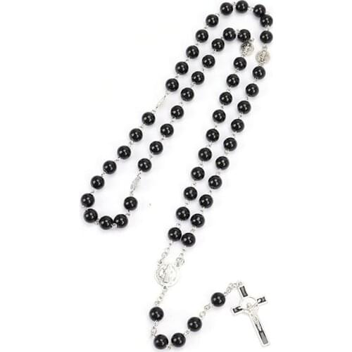 1PCS Catholic Black Rosary Beads Necklace For Women Men Cross Long Pendant Necklaces Praying Religious Jewelry Church Gifts