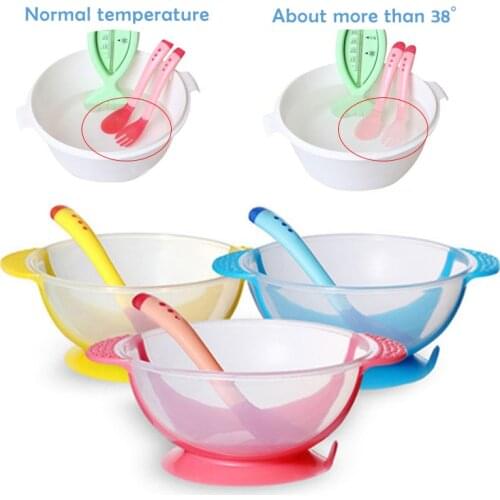 Baby Tableware Dinnerware Suction Bowl with Temperature Sensing Spoon Baby Food Bowl Temperature Sensing Spoon Baby Feeding Bowl