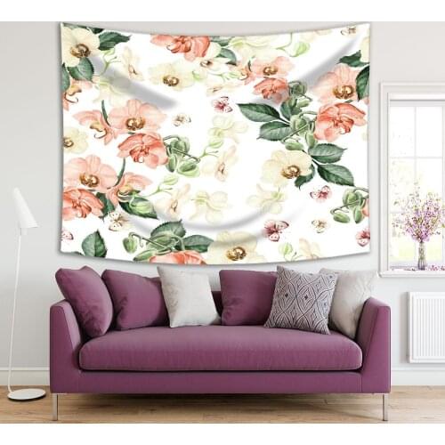 Tapestry Orchid Flowers Butterflies Magical Garden Vintage Style Artwork Green Pink Beige