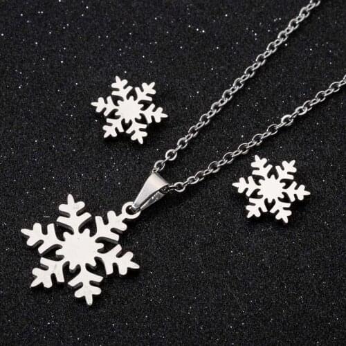 Hfarich Winter Fashion Christmas Jewelry Gift Dainty Geometric Snowflake Necklaces Snow Flower Studs Earrings for Women Ladies