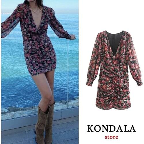 KONDALA Za 2021 Women Dress Dangle Flower Print Vintage V-Neck Party Mini Dress Long Sleeve Holiday Vestidos Mujer