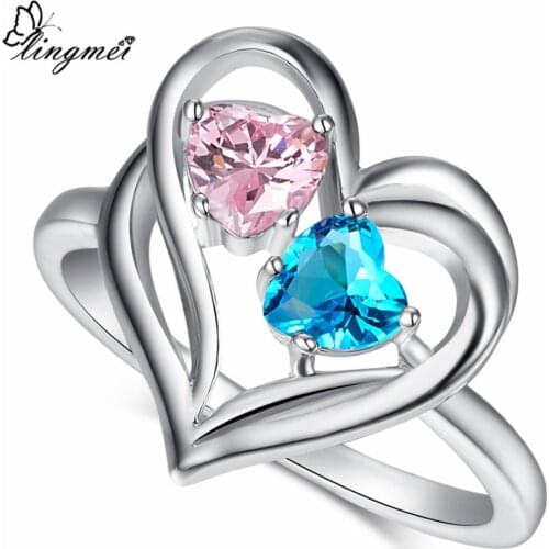 Lingmei Wholesale Drop Shipping Blue Pink Red Green CZ White GoldRing Size 6-9 10 for Women Rings Wedding Heart