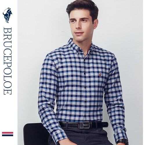 Brushed Plaid Shirt Mens Bruce Paul Mens Long-Sleeved Shirt Autumn and Winter Blue Business Plaid Shirt