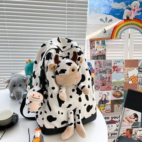 Cute Milk Cow Three-dimensional Doll Womens Backpack Canvas Travel Women School Bag For Teenager Girls Fashion Rucksack 2021