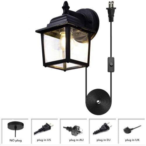 Wall Mounted Light Fixture, Waterproof Outdoor Wall Sconce, Clear Glass Lantern Black Metal Wall Light, Plug-In Wall Lighting