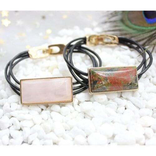 2017 New Womens fashion multicolor rectangle stone black hide rope simple elegant bracelet for women