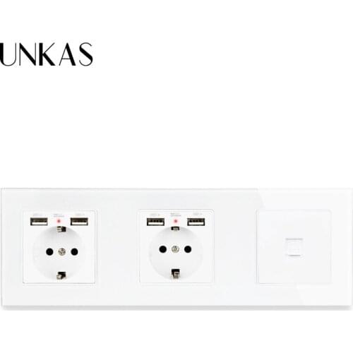 UNKAS Crystal Tempered Glass Panel Double French Standard Socket with 4 USB Charging Port + RJ11 Telephone Connector