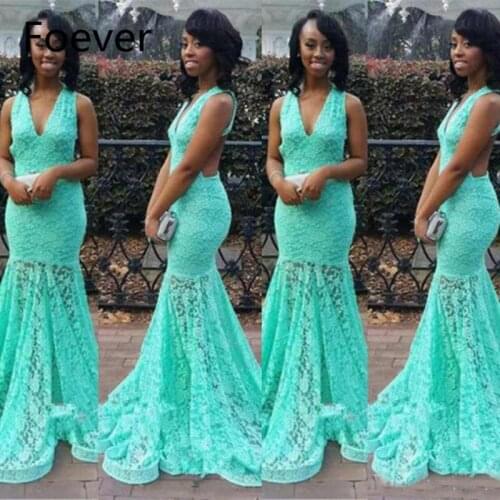 African Mint Green Full Lace Mermaid Prom Dresses Modest V Neck Trumpet Vestido de fiesta Long Prom Gowns Sweep Train
