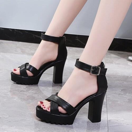 Sexy platform heels sandals women summer thick heel pumps women shoes high heel black leather sandals women open toe heels