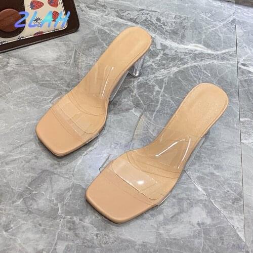 Womens Transparent High Heels Zlah Ladies Square Toe Sandals Ladies High Heels Slippers Womens Sandals Womens Slippers