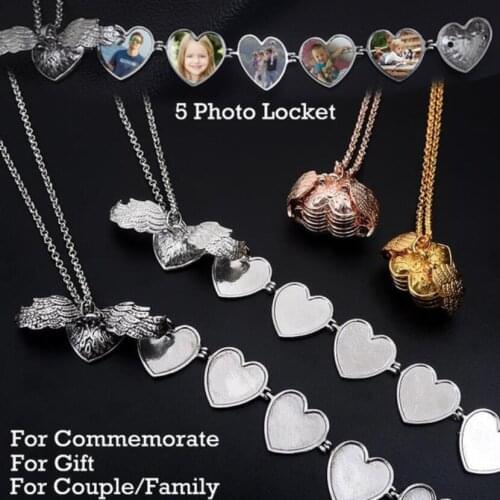 Angle Wings Photo Box Necklace Heart Shaped Foldable Multi Layer Necklace Can hold 5 Photos New Fashion Gift For Friend