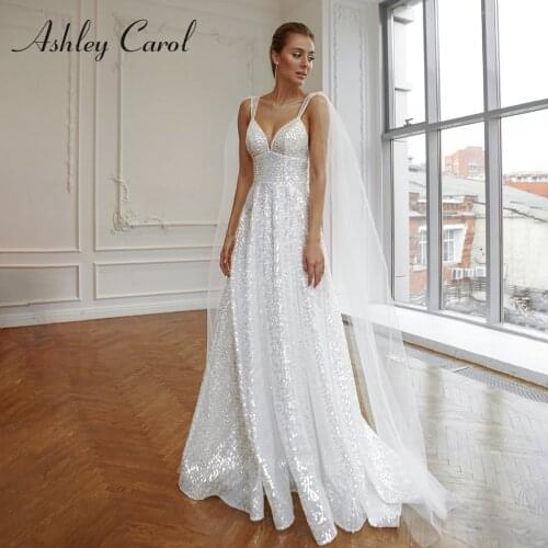 Ashley Carol A-Line Wedding Dress 2021 Elegant Backless Spaghetti Straps Shining Sequined Sweetheart Bride Gown Vestido De Noiva