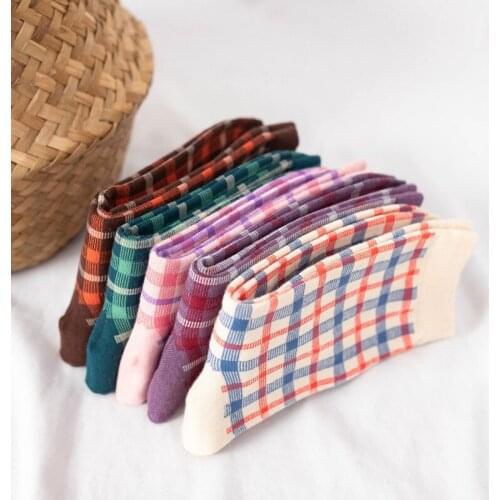 2 pairs Cozy Breathable Cotton Socks Women Fashion Plaid Sweet Cute Girls Short Socks Japanese Harajuku Style Tube Casual Socks