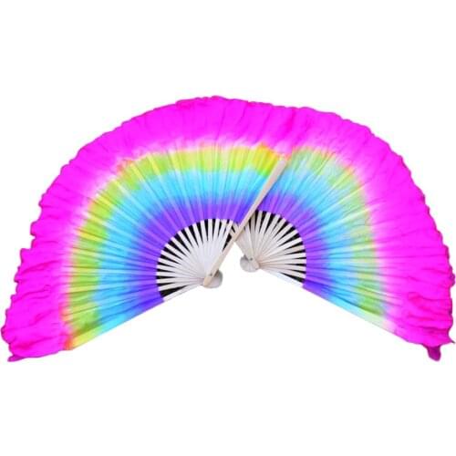100% Silk Belly Dance Short Fans 1Pair L+R Purple+Turquoise+Yellow+Rose Fan Chinese Traditional Dance Bamboo Ribs Silk Short Fan