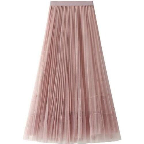 Beaded Mesh Skirt Women Sweet High Waist Long Black Skirts Women Autumn Sweet Elastic Waist Pleated Skirt Femme With Lining