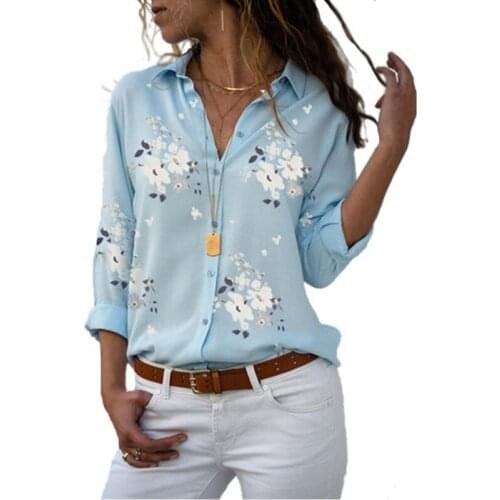 Women Blouse Flower Printing Clothing Long Sleeve V-neck Slimming White Yellow Light Blue Color Size S To 3XL Casual women shirt