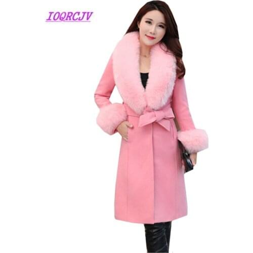 Korean Womens New Autumn Winter Woolen Jacket Coats Plus size Bow belt Warm Wool cloth Outerwear Fox fur collar Female Coats B92