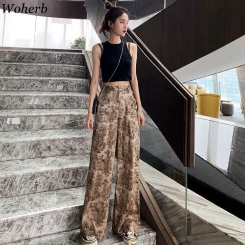 Woherb Korean Style Wide Leg Pants Women Vintage Harajuku Print High Waist Trousers 2021 Summer Female Palazzo Pants 22828