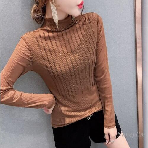 Womens Turtleneck Shirt Plus Size New Inner Wear Sexy Rhinestone Mesh Top T-shirt Long Sleeve Tees Nancylim Autumn and Winter