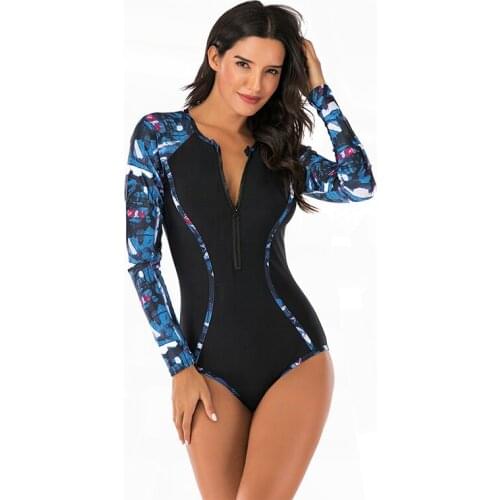 Plus Size Long Sleeve Rash Guard Swimsuit for Women Zipper Full Suit for Swimming Swimwear 2021 One Piece Body Suit Rashguard