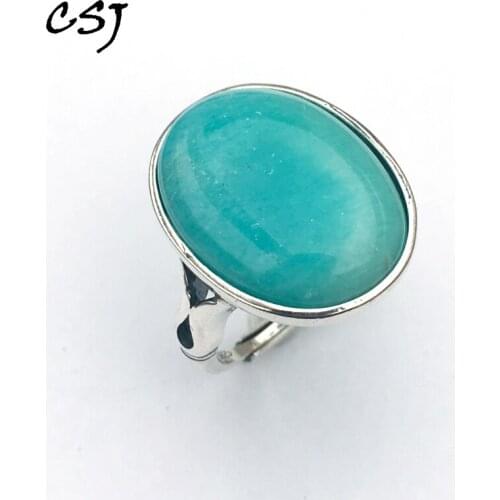 CSJ Natural Amazonite big size luxury Rings 925 Sterling Silver Oval cut 15*20mm Fine Jewelry Wedding Engagement for Women Gift